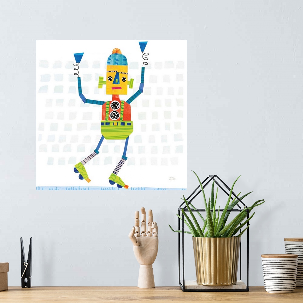 A bohemian room featuring A whimsical robot on roller skates made with mixed media.