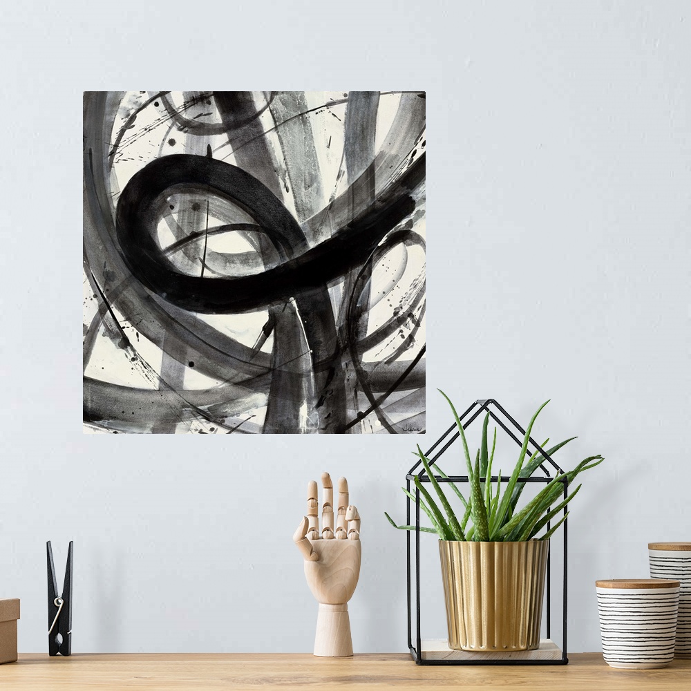 A bohemian room featuring Contemporary abstract painting of black semi-transparent strokes against a white background.