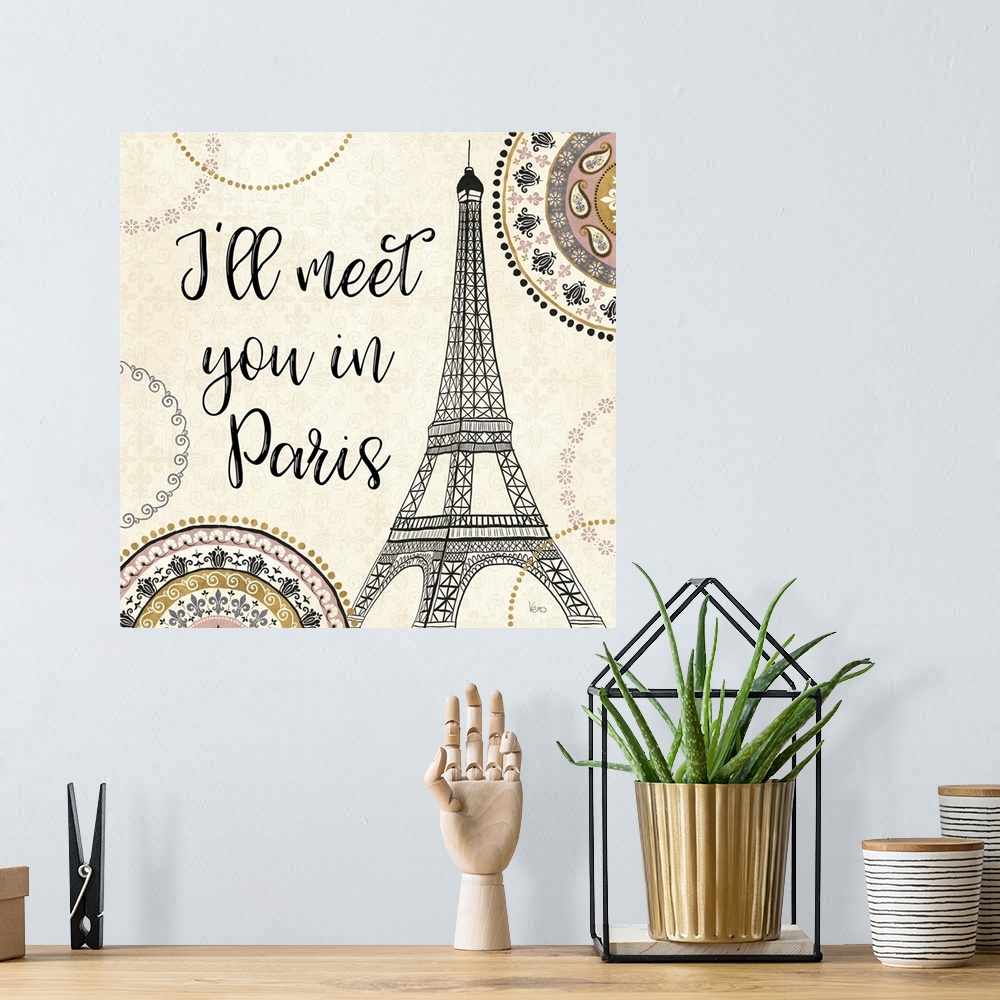A bohemian room featuring "I'll Meet You in Paris" with an illustration of the Eiffel Tower.
