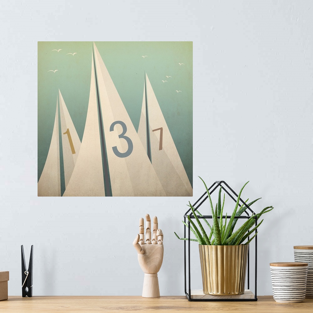 A bohemian room featuring Contemporary artwork of three sails with numbers on them against a pale green background.