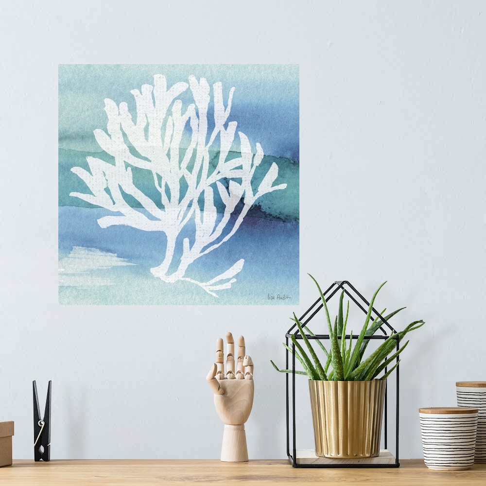 A bohemian room featuring Contemporary watercolor artwork of a coral silhouette.