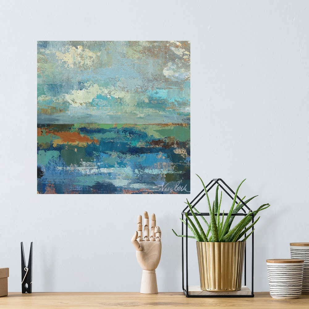 A bohemian room featuring Contemporary painting of the horizon where the ocean meets the sky.