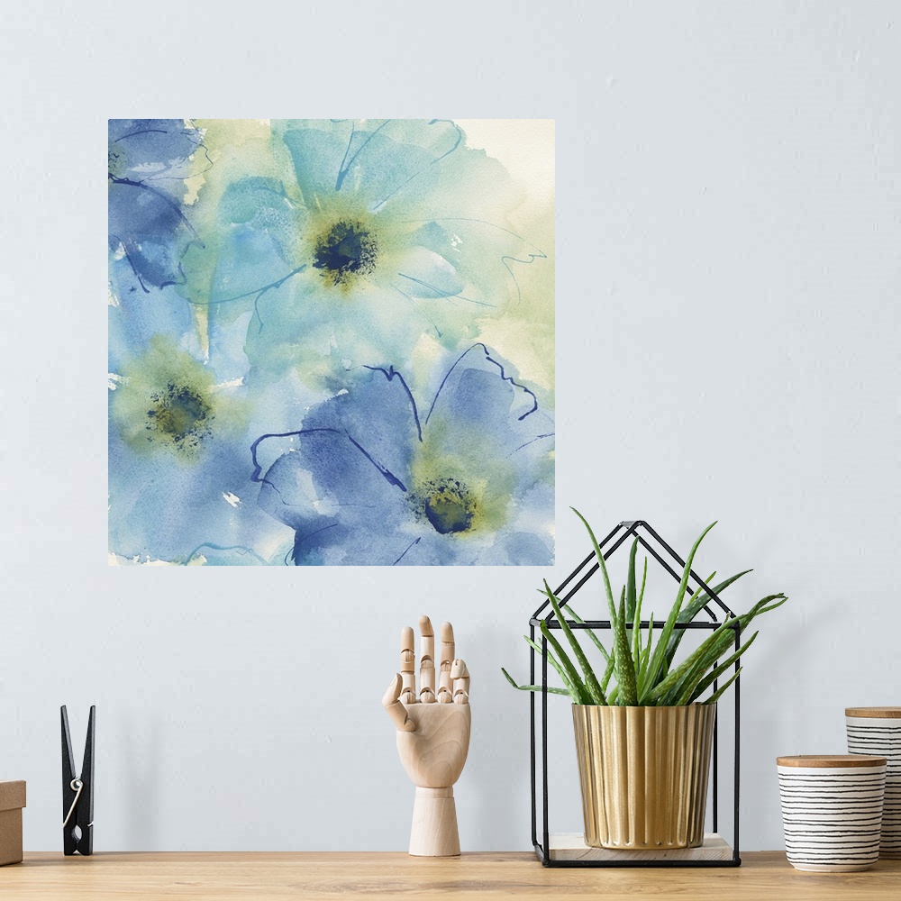 A bohemian room featuring Contemporary watercolor painting of light blue flowers.