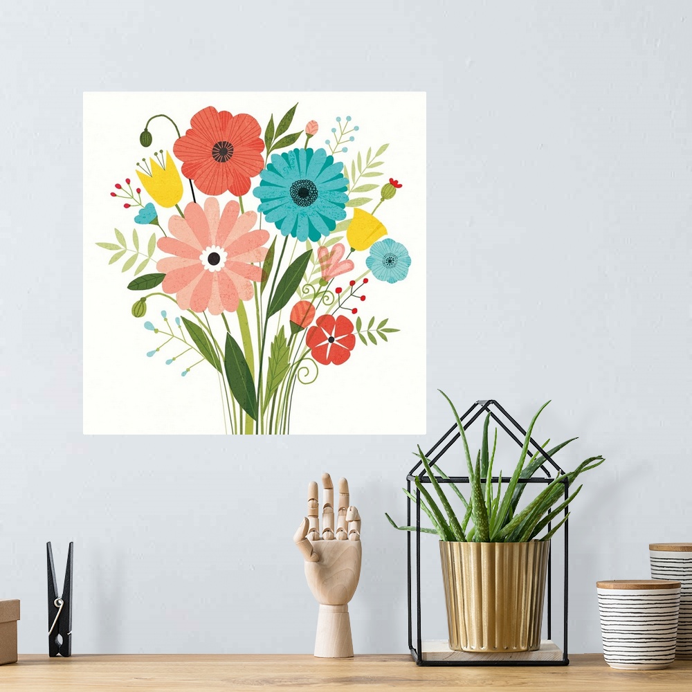 A bohemian room featuring Square art with a bouquet of colorful wildflowers.