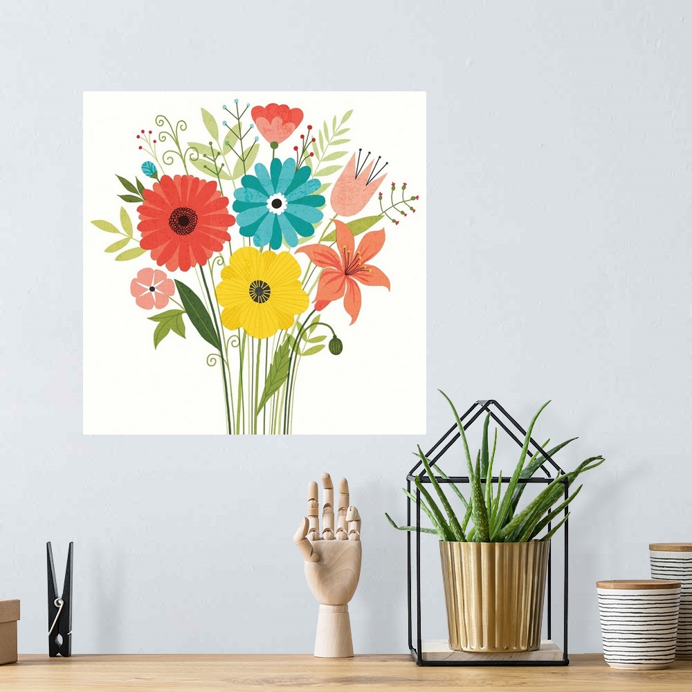 A bohemian room featuring Square art with a bouquet of colorful wildflowers.