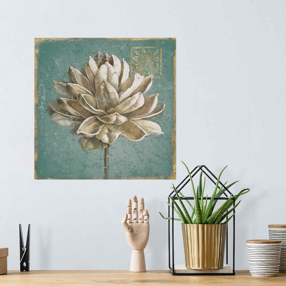 A bohemian room featuring A square decorative artwork of a large white bloom with a distress overlay and gold accents.