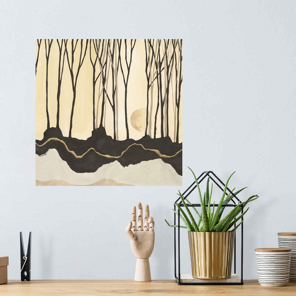 A bohemian room featuring Square painting of a contemporary landscape with thin trees and layers of soil, in neutral colors.