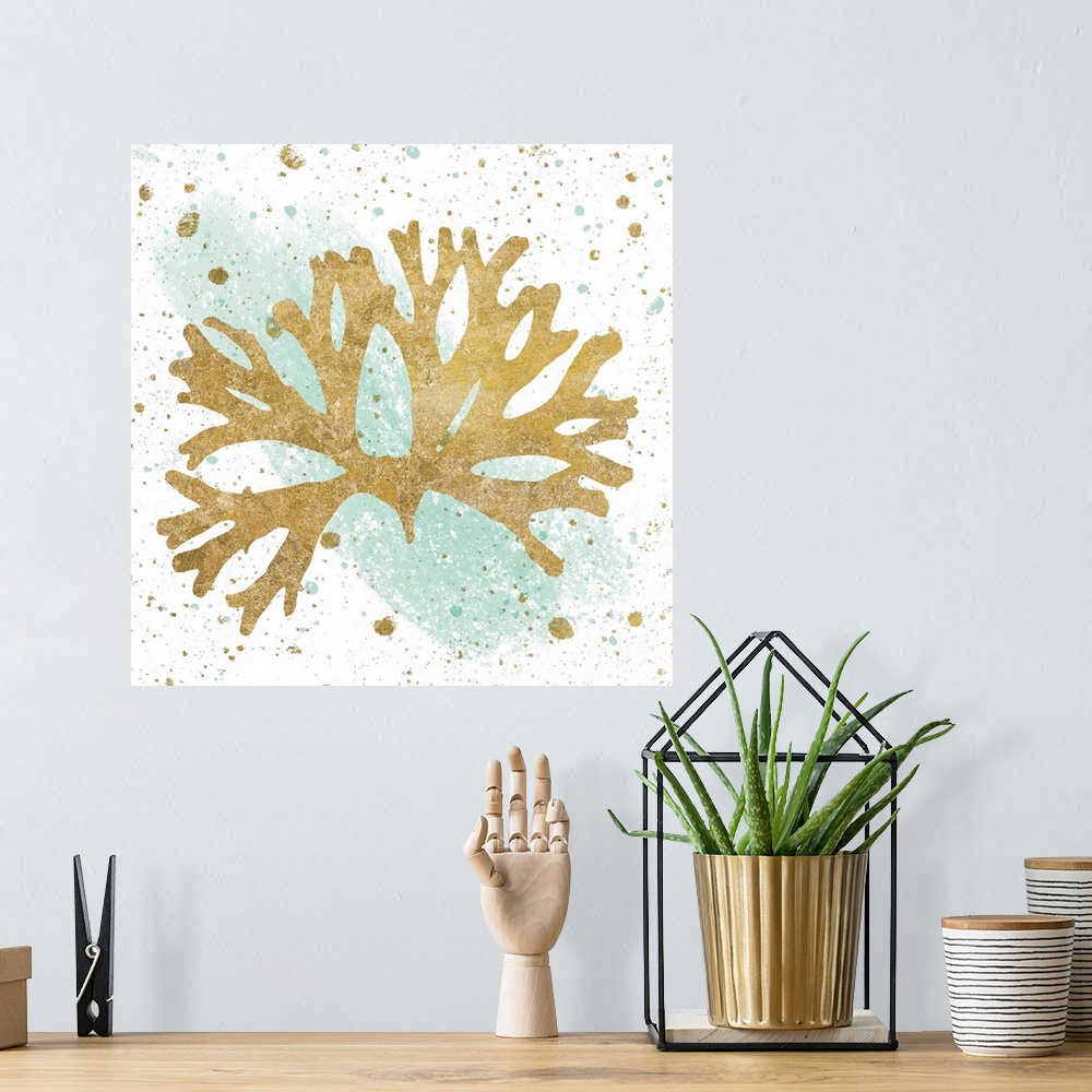 A bohemian room featuring Square art with metallic gold sea coral on a white and sea foam green background with gold and se...