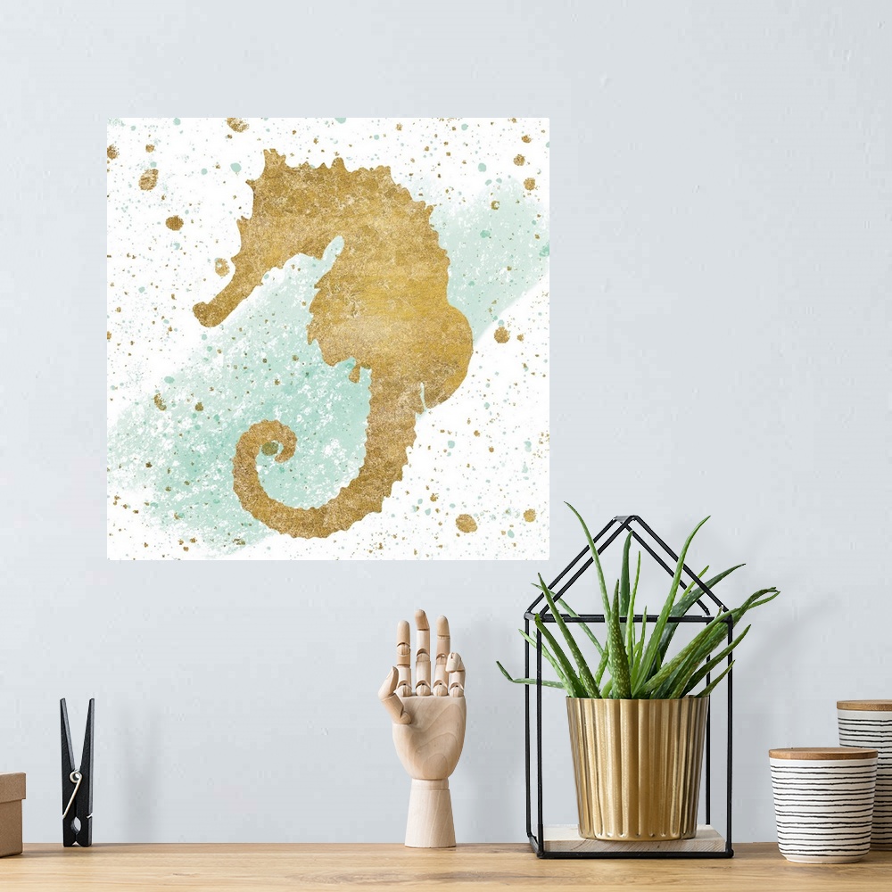 A bohemian room featuring Square art with a metallic gold seahorse on a white and sea foam green background with gold and s...