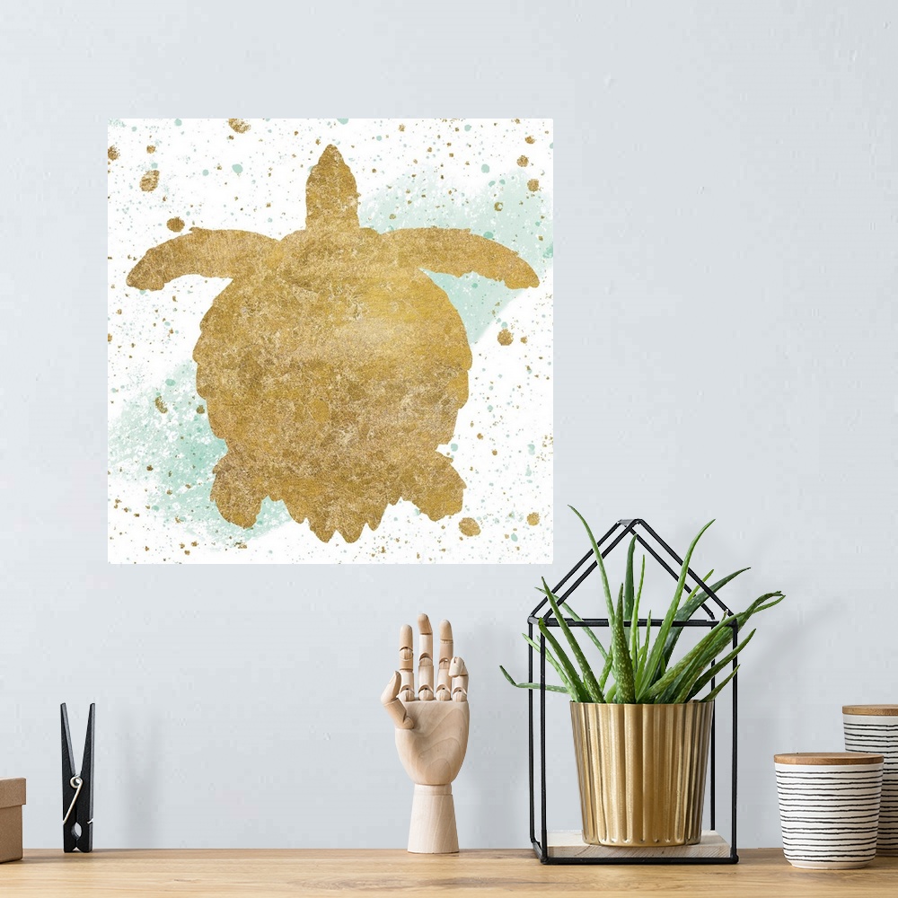A bohemian room featuring Square art with a metallic gold sea turtle on a white and sea foam green background with gold and...