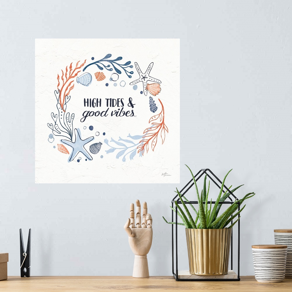 A bohemian room featuring "High Tides and Good Vibes" with coral and blue ocean themed illustrations on a square white text...