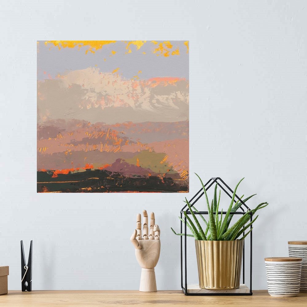 A bohemian room featuring A square abstract landscape in warm textured colors of yellow, orange and pink.