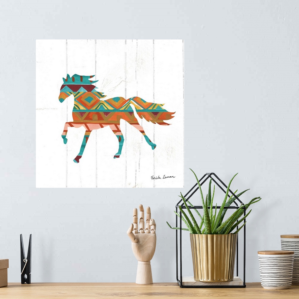 A bohemian room featuring An illustration of a horse with a southwestern pattern on a white wood panel background.