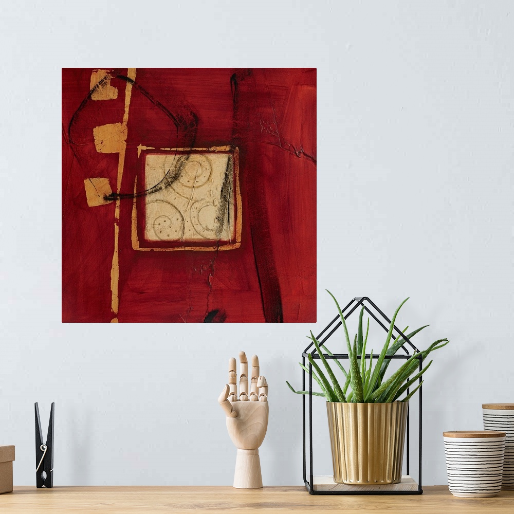 A bohemian room featuring Abstract artwork with a deep red background that has several squares painted over it with streaks...