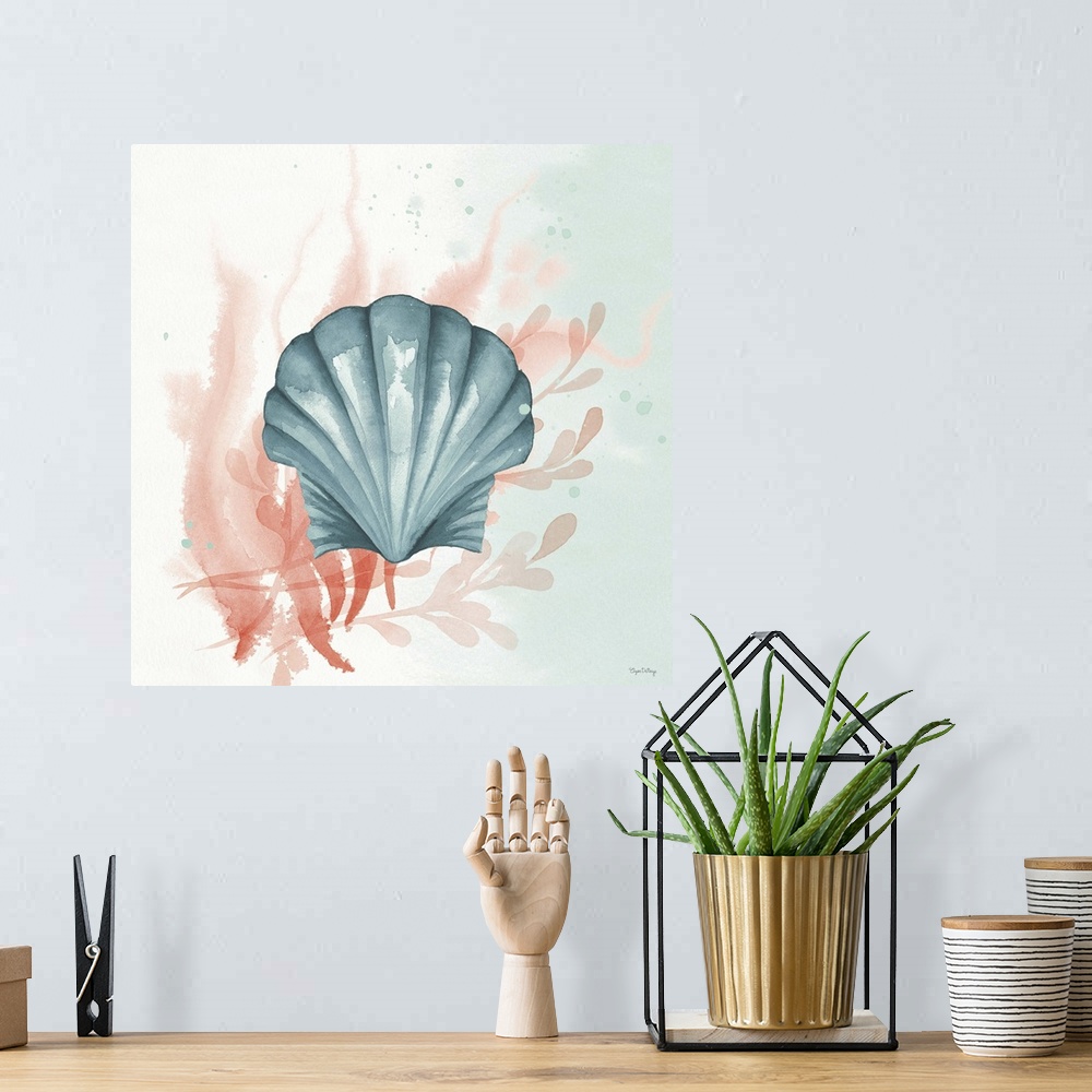 A bohemian room featuring Watercolor painting of a seashell and seaweed in blue and coral hues on a square background.