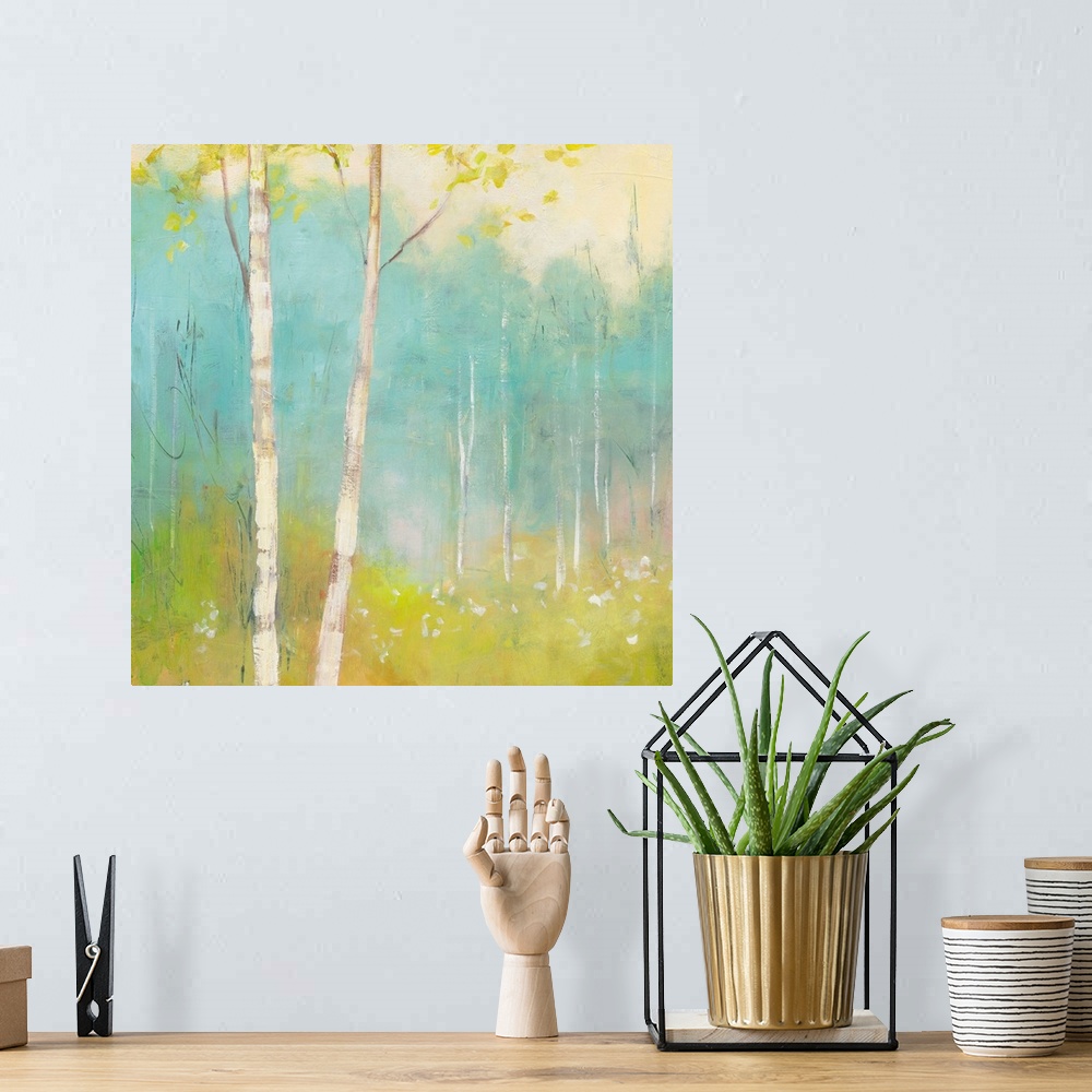 A bohemian room featuring Contemporary painting of a countryside scene in spring.