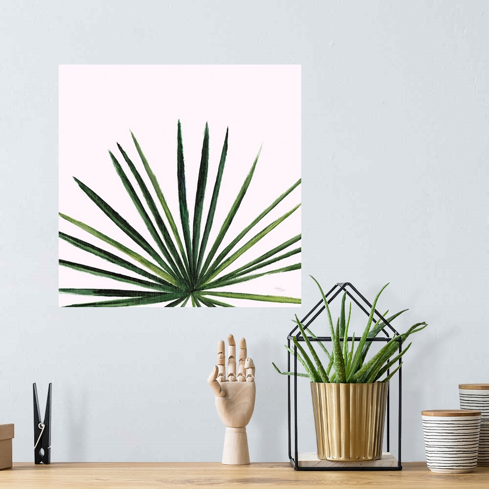 A bohemian room featuring Square contemporary painting of a close up of a palm leaf on white background.
