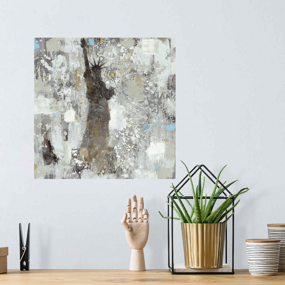 A bohemian room featuring Contemporary painting with paint splatters against the Statue of Liberty in silhouette.