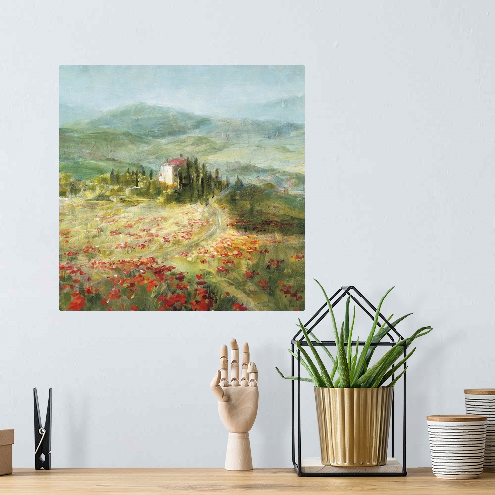 A bohemian room featuring Contemporary landscape painting of a small farm house in the French countryside.