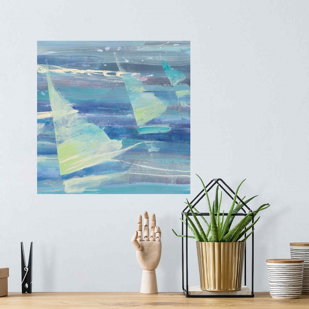 A bohemian room featuring Contemporary painting of three sailboats on the water in varying shades of blue and green.