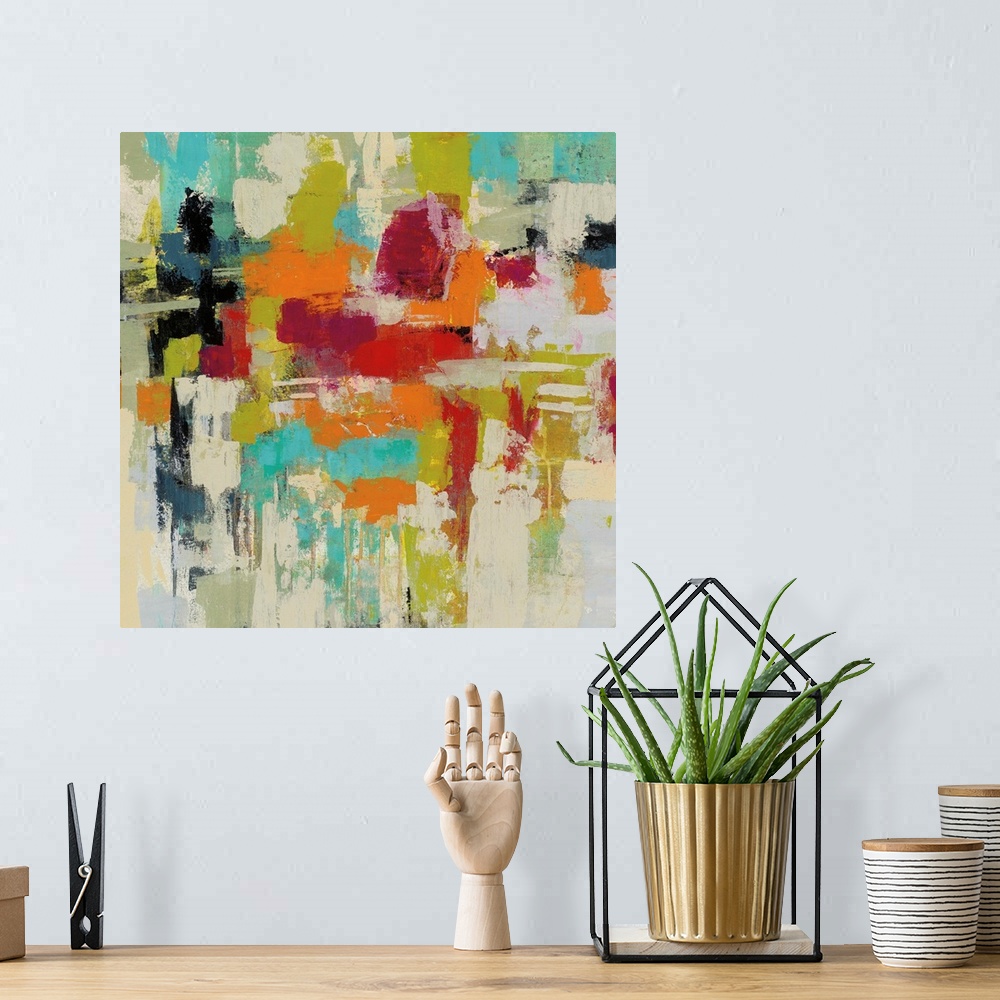 A bohemian room featuring Contemporary abstract painting using wild colors.
