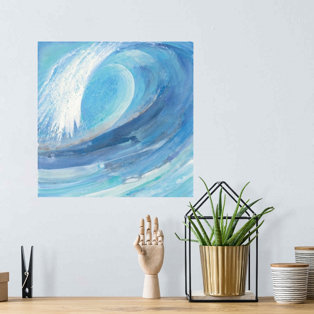 A bohemian room featuring A painting of a blue ocean wave curling in on itself.