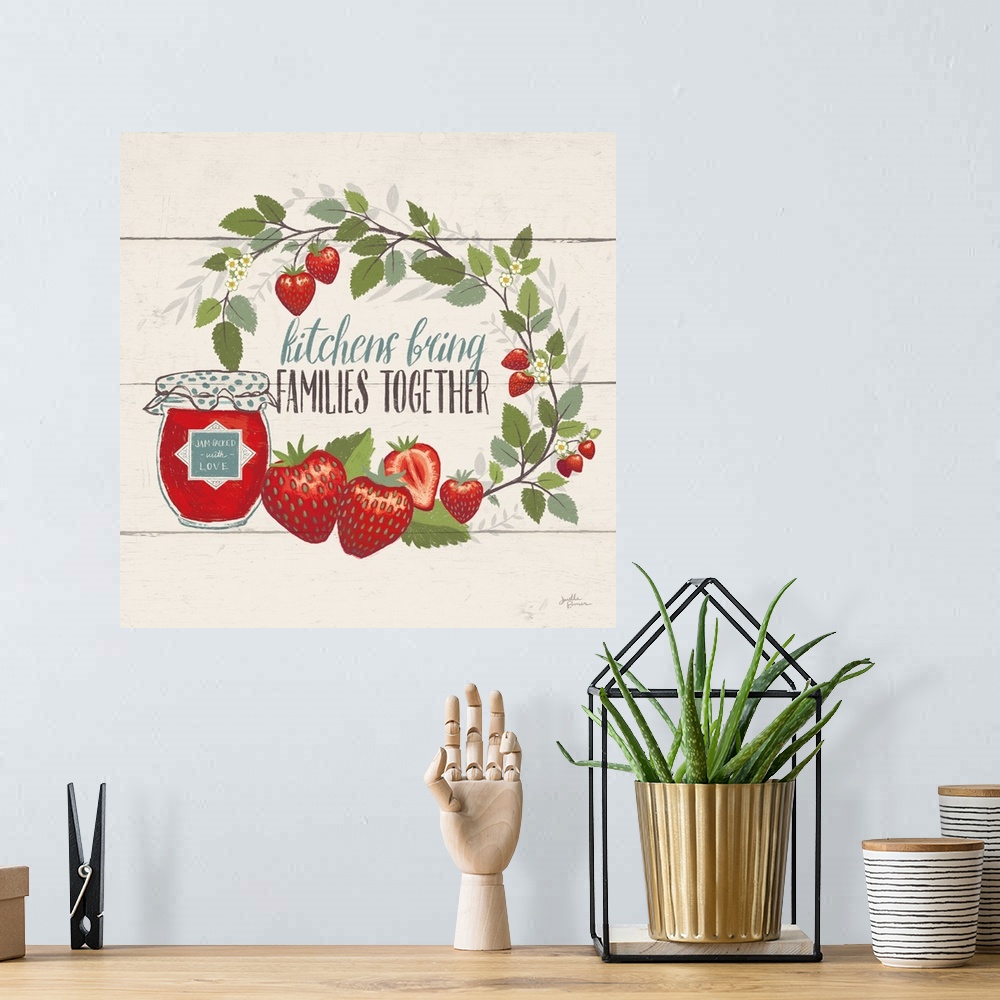 A bohemian room featuring "Kitchens Bring Families Together" with strawberries.