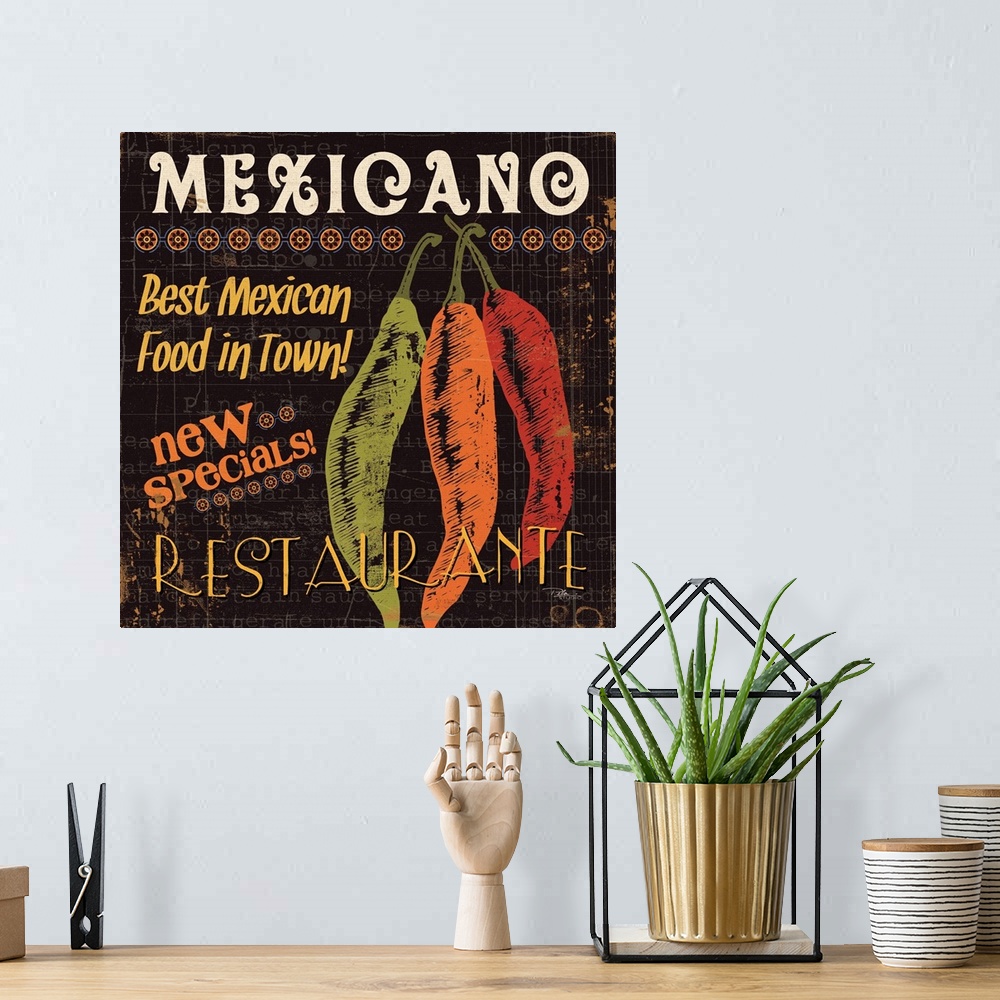 A bohemian room featuring Contemporary artwork of a rustic looking food sign with chili peppers to the right of the image, ...