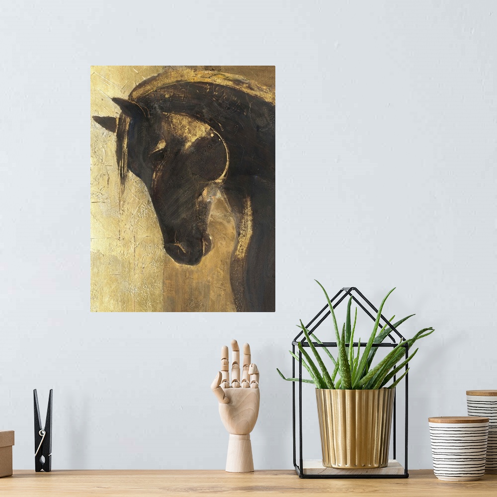A bohemian room featuring A contemporary painting of a horse portrait in gold and black.