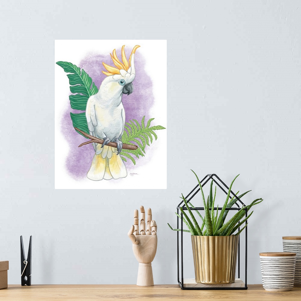 A bohemian room featuring Vertical illustration of a colorful cockatoo perched on a branch with a purple background.
