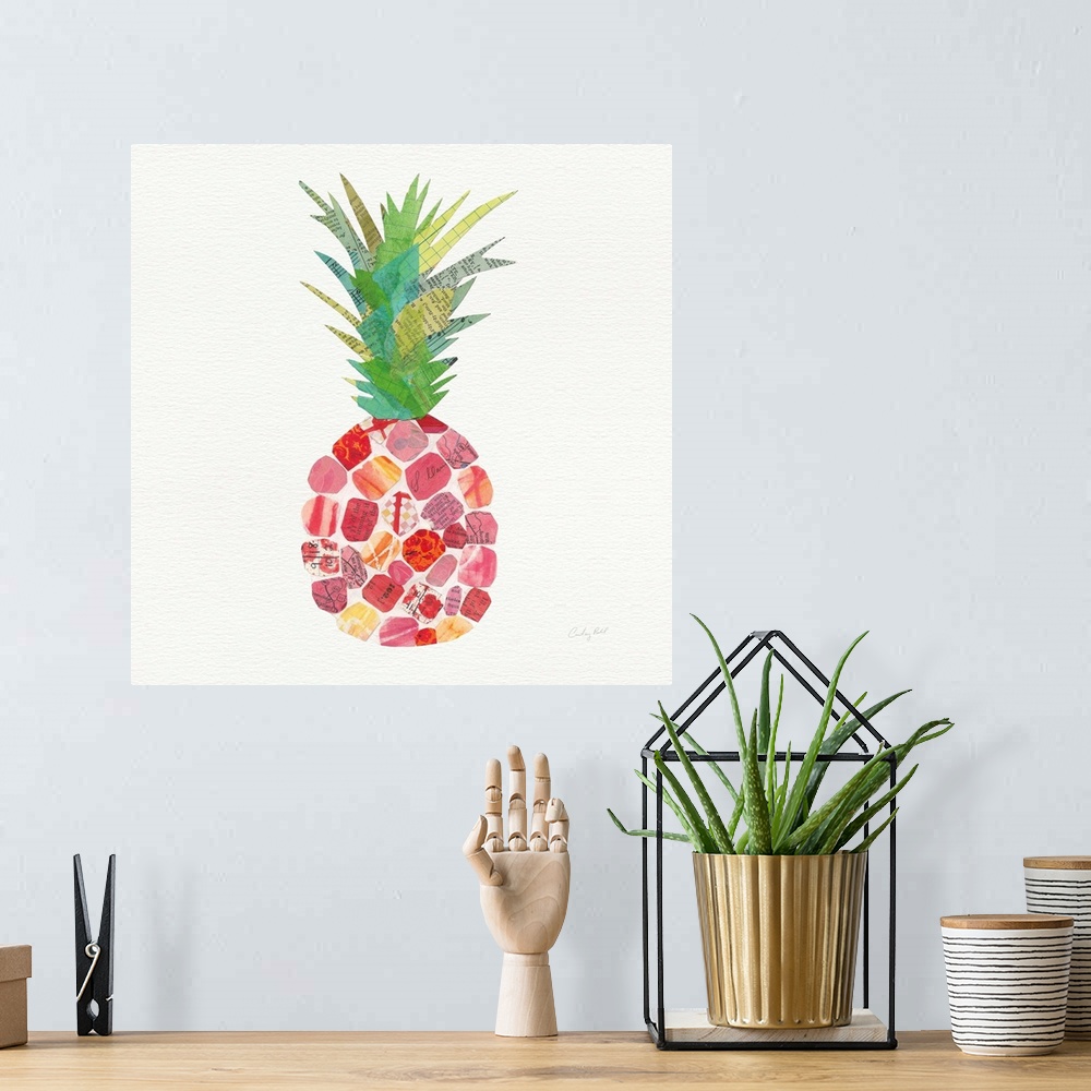 A bohemian room featuring Square decor with a warm toned pineapple created with mixed media on a white background.