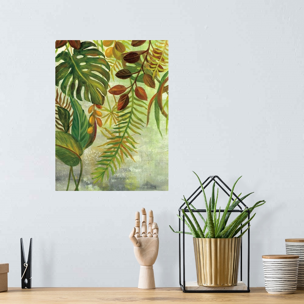 A bohemian room featuring Contemporary painting of several different types of tropical leaves hanging from the top of the c...