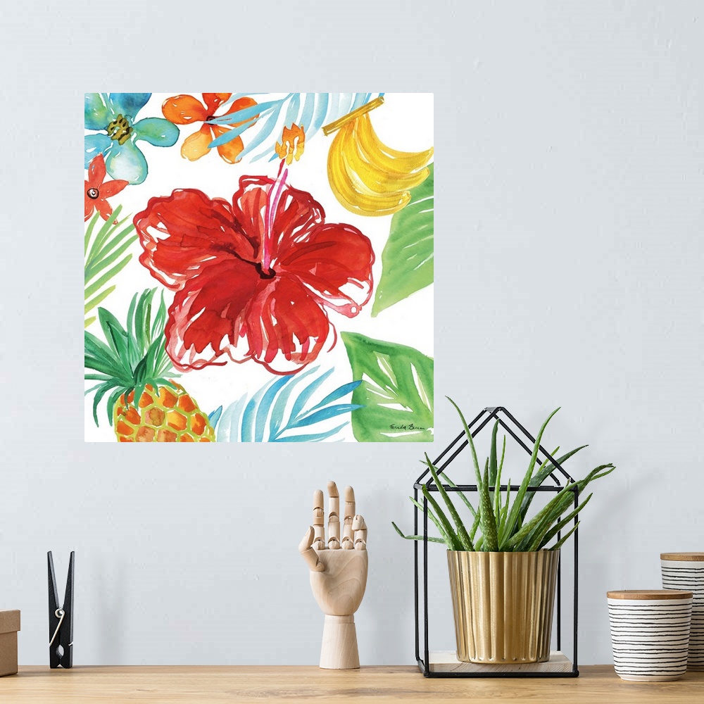 A bohemian room featuring Vibrant painting of a red flower surrounded by tropical plants, flowers, and fruit on a white squ...