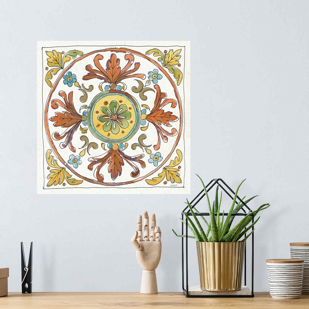 A bohemian room featuring Square art with a symmetric Tuscan tile design.