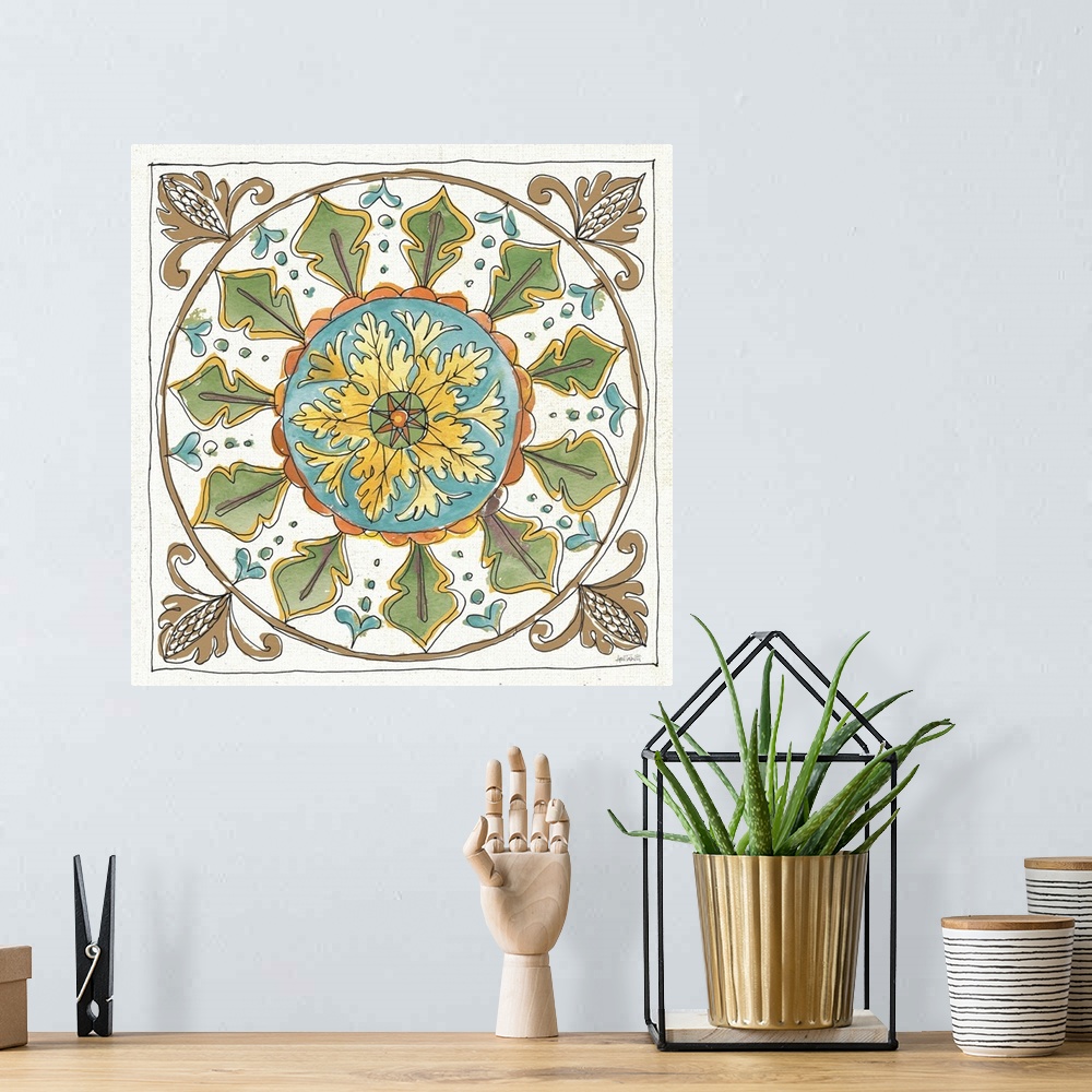 A bohemian room featuring Square art with a symmetric Tuscan tile design.