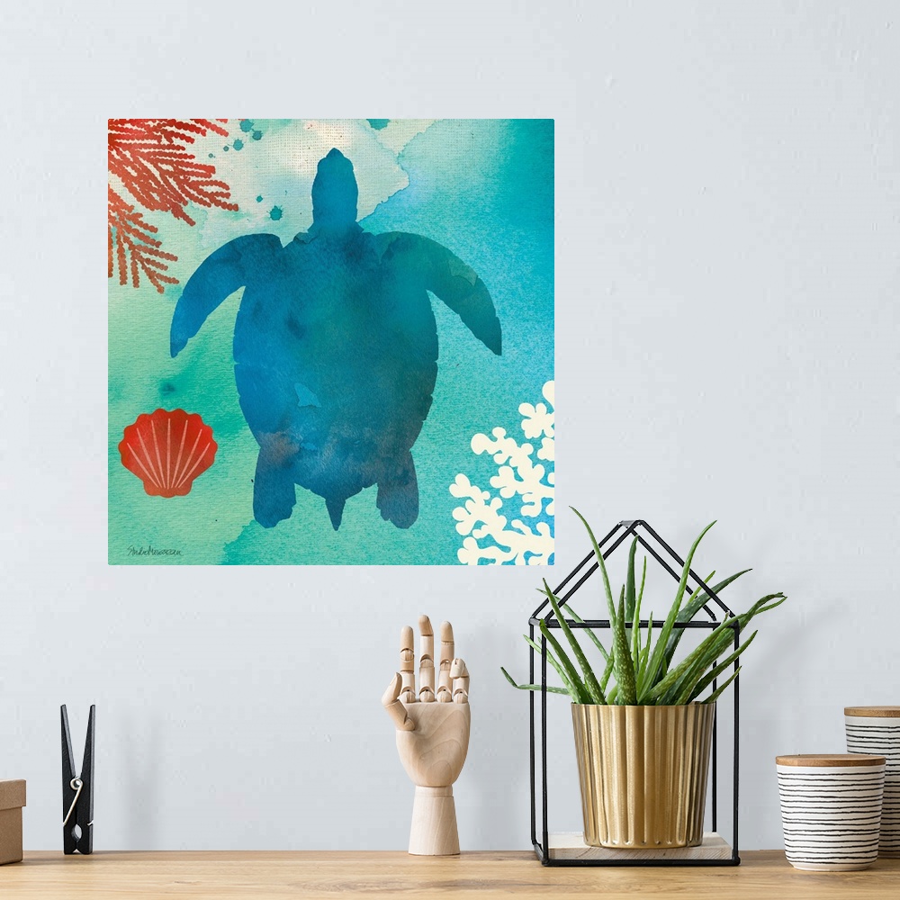A bohemian room featuring A square contemporary watercolor design of a blue sea turtle with ocean elements.