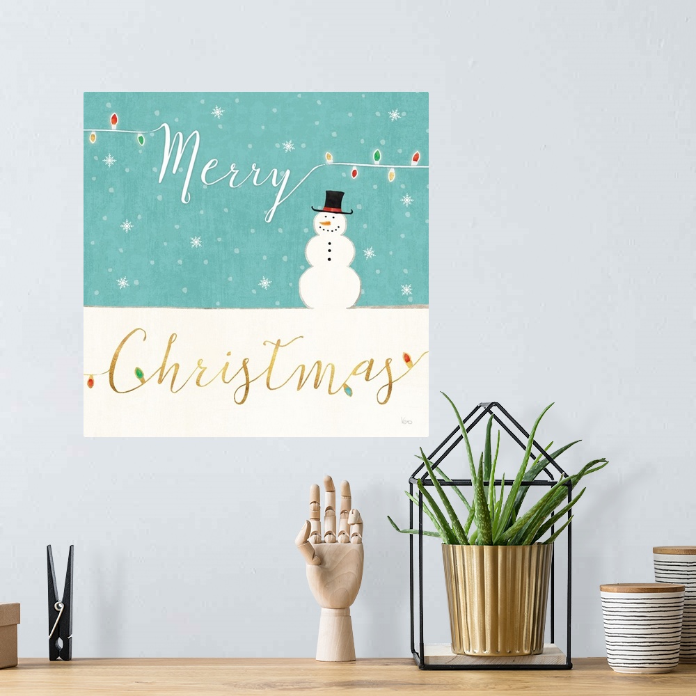 A bohemian room featuring Square Christmas decor that reads "Merry Christmas" in a snowy scene with a snowman.