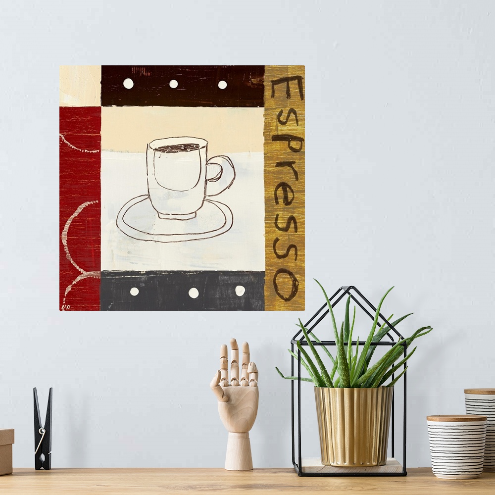 A bohemian room featuring Square decorative wall art of a drawing of a cup of espresso surrounded by blocks of color and te...