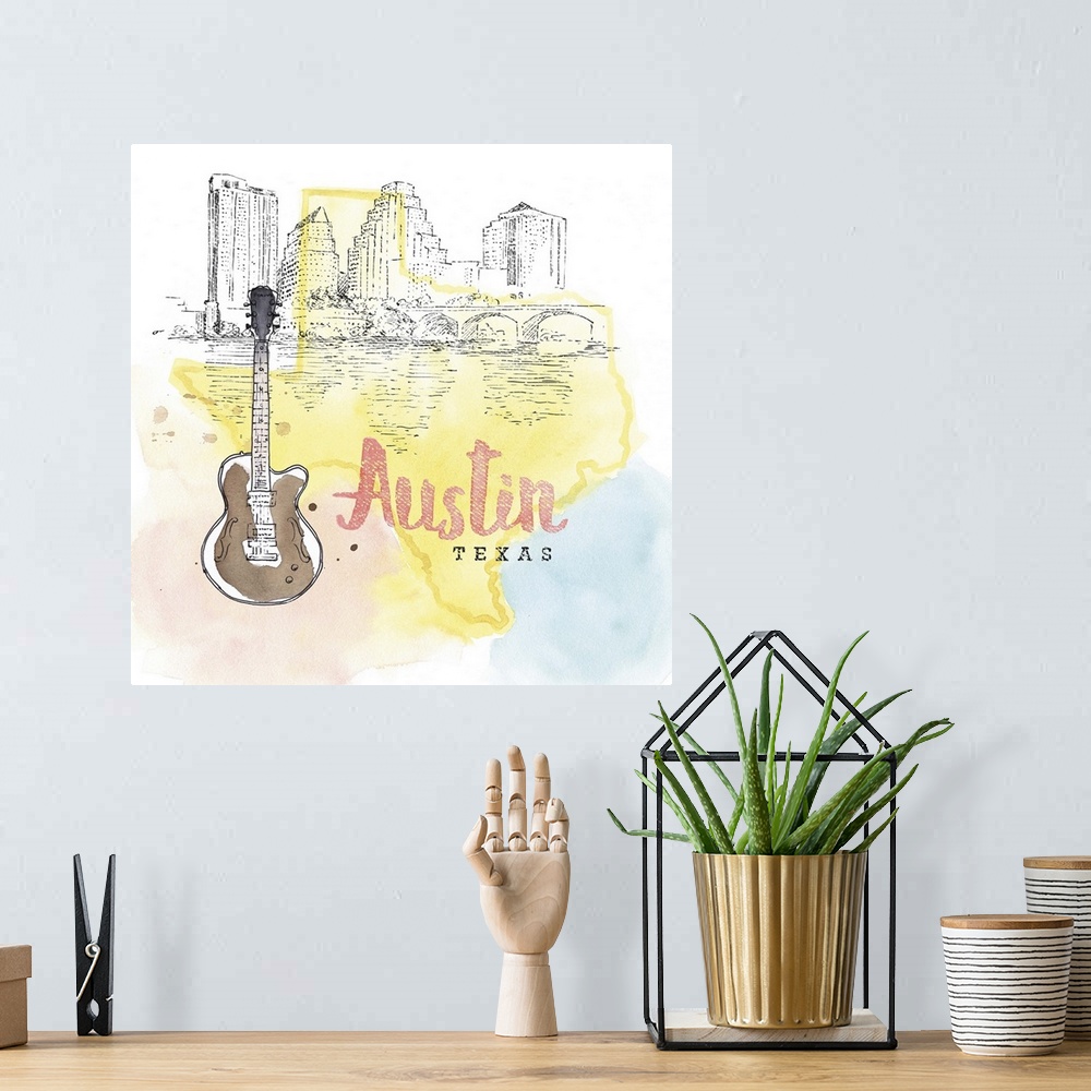 A bohemian room featuring Square watercolor and ink illustration of an Austin skyline with a guitar and a yellow outline of...