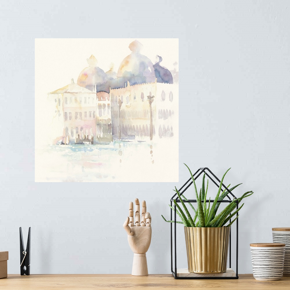 A bohemian room featuring Pastel watercolor painting of the buildings along the canal in Venice.