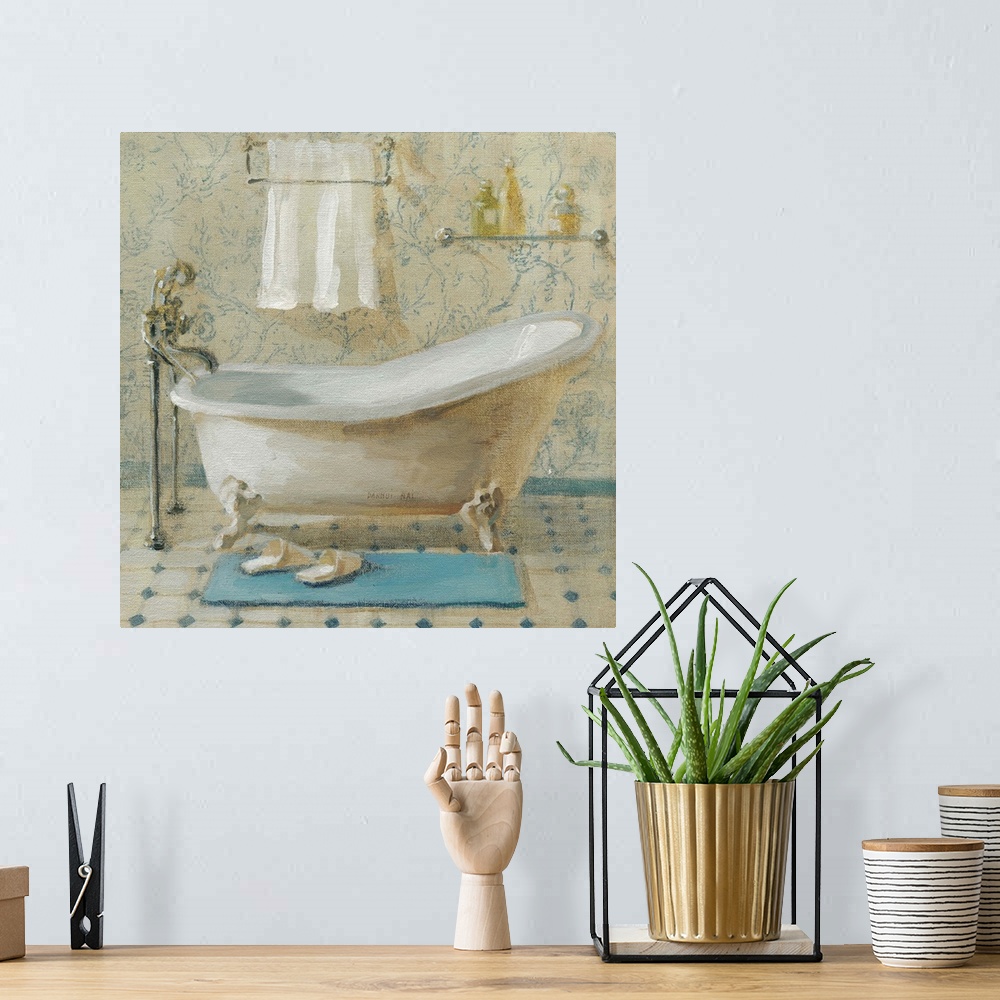 A bohemian room featuring Contemporary artwork of bathroom scene, with the focus of the image on the bathtub.