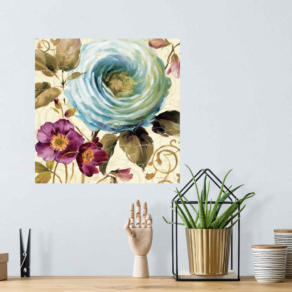 A bohemian room featuring Contemporary artwork of a close-up of a beautiful blue flower.