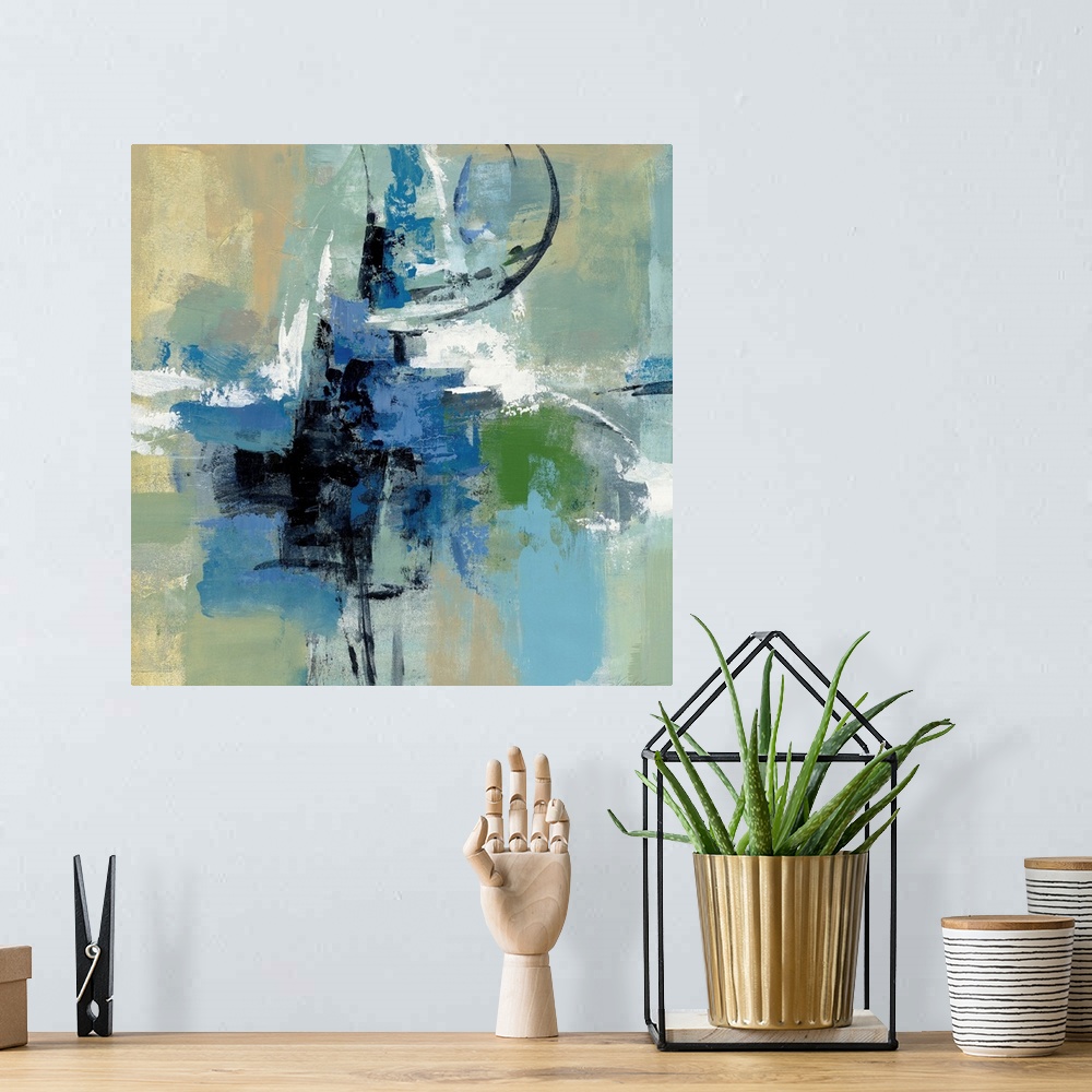 A bohemian room featuring Square abstract painting with cool tones and layers of brushstrokes becoming dense in the center ...