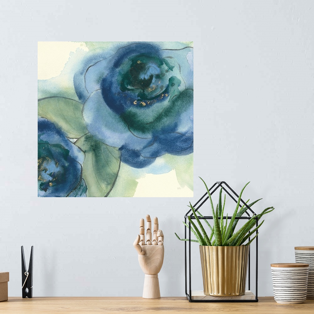 A bohemian room featuring Square painting of two poppy flowers made with blue and green tones on a white background with wa...