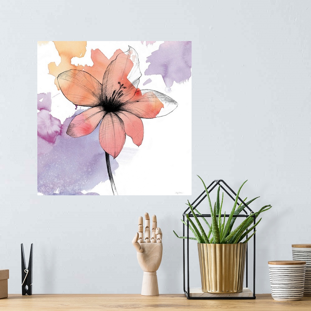 A bohemian room featuring A square watercolor painting of a orange lily with black sketched lines.