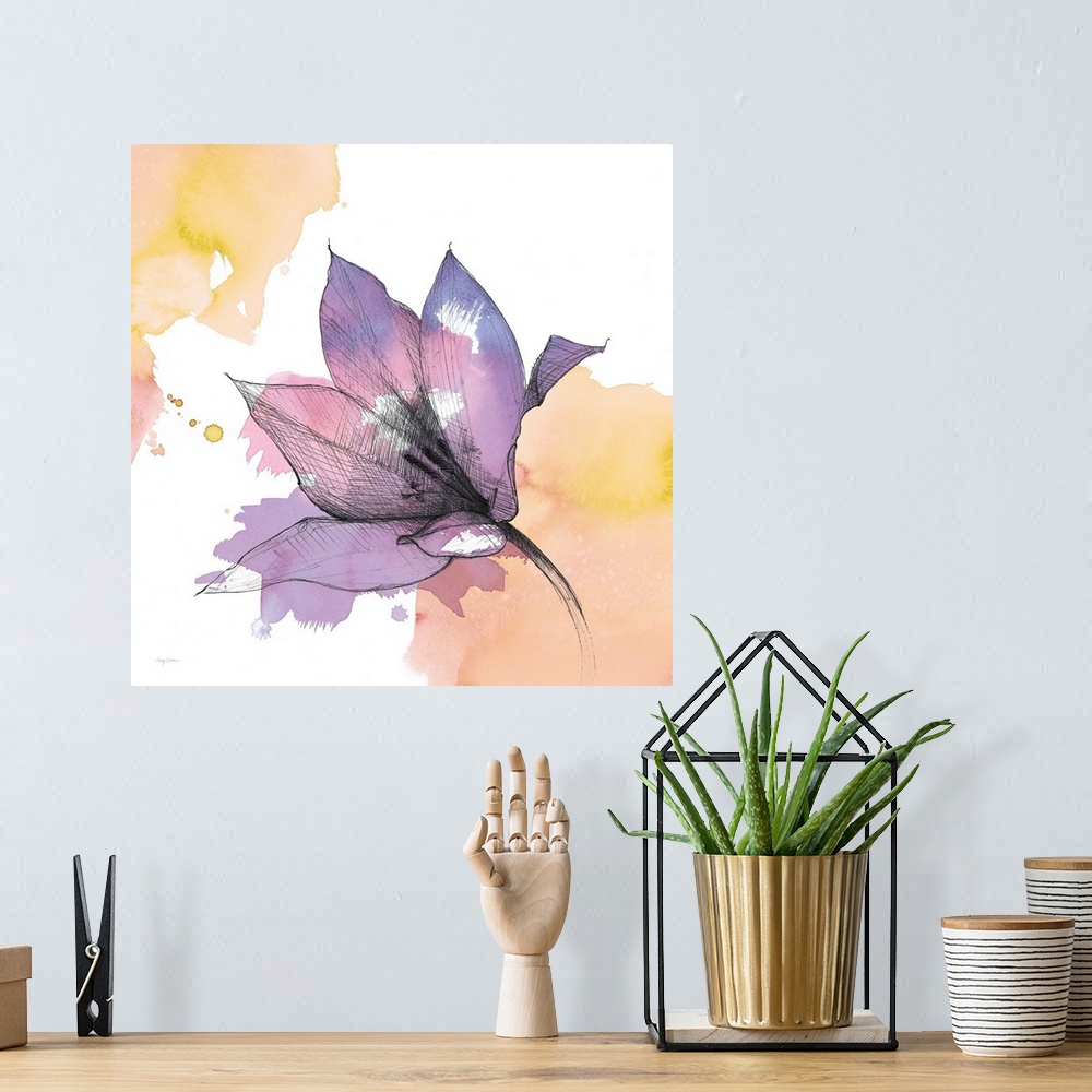 A bohemian room featuring A square watercolor painting of a purple lily with black sketched lines.