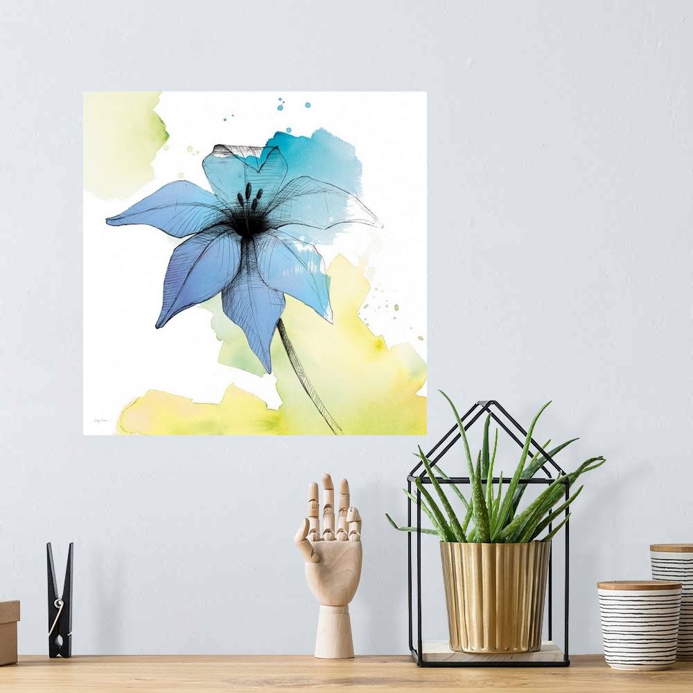 A bohemian room featuring A square watercolor painting of a blue lily with black sketched lines.