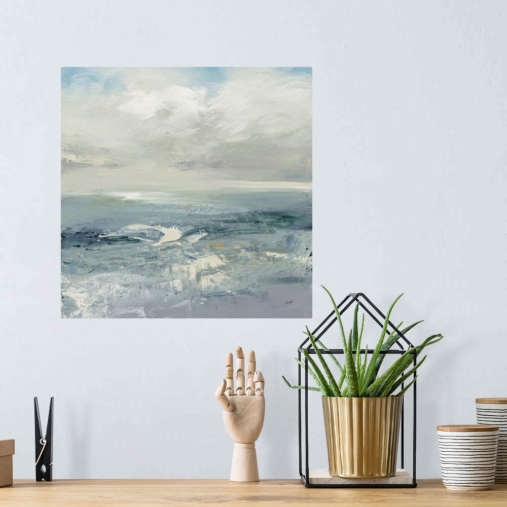 A bohemian room featuring Abstract landscape of ocean waves with energetic brush strokes and turbulent blues.
