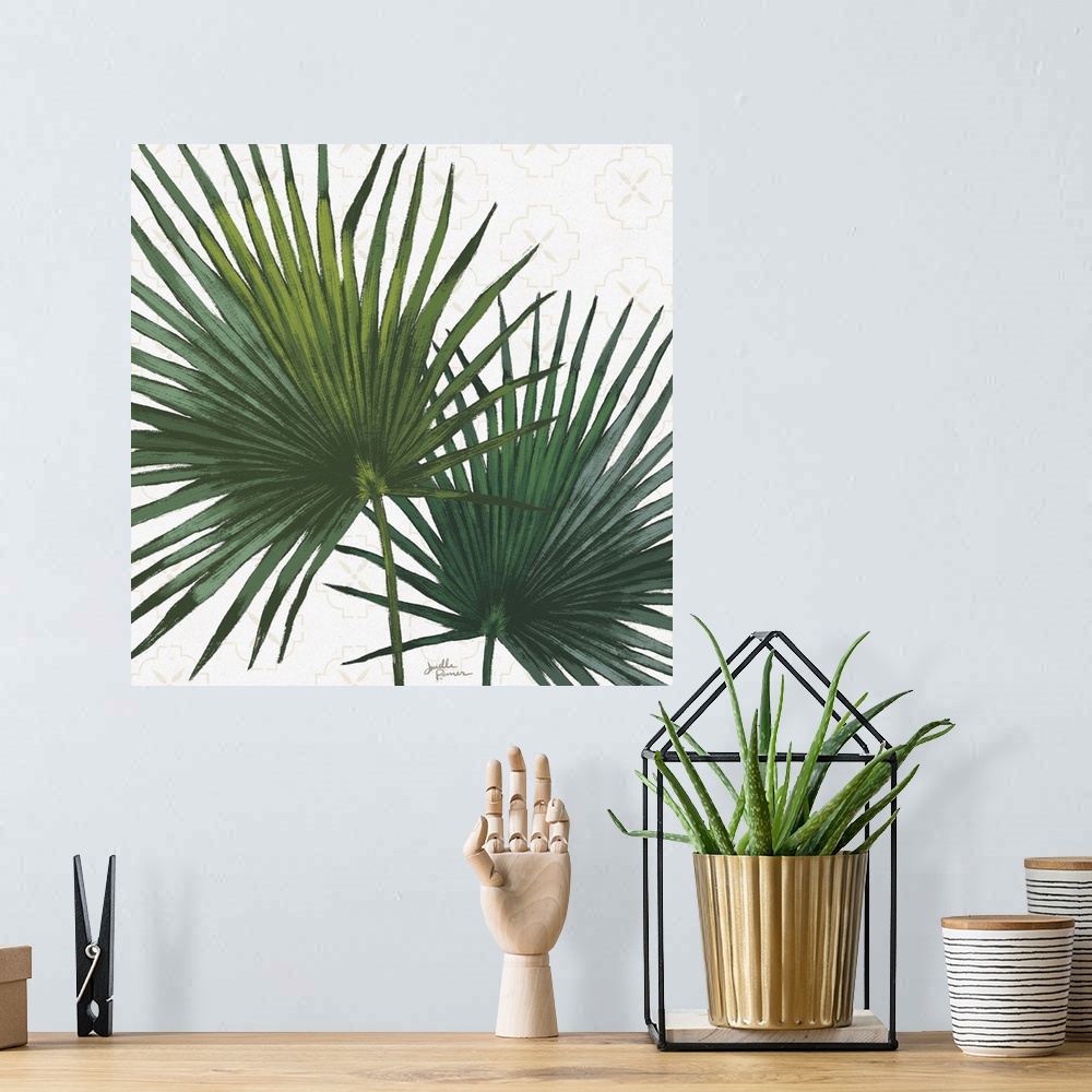 A bohemian room featuring Square art of green palm leaves on a white background with a faint beige pattern.