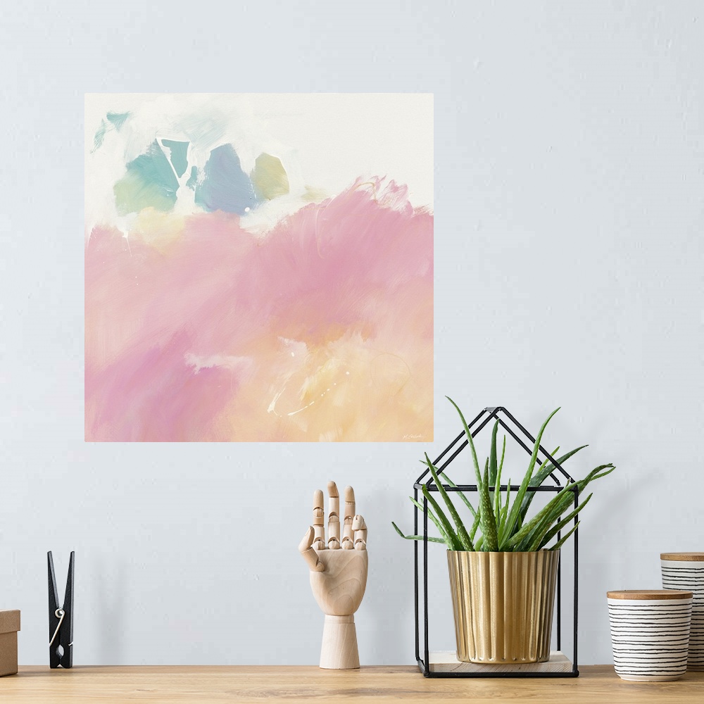 A bohemian room featuring Square abstract painting with soft pink, orange, blue, and green tones on a cream colored backgro...